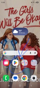 A screenshot of the home screen of a smartphone. The Google Play Store app is circled, and there is an arrow pointing to it. 