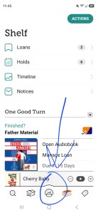 A screenshot of a smartphone screen open to the Libby app. The middle icon toward the bottom is circled and has an arrow pointing to it.