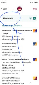 A screenshot of a smartphone screen open to the Libby app. There is a search bar across the top, and the word "Minneapolis" has been entered into the search bar, which is circled and has an arrow pointing to it. The rest of the screen shows results for libraries in Minneapolis that use Libby.