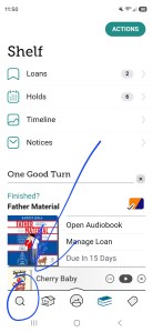 A screenshot of a smartphone screen open to the Libby app. The left-most icon toward the bottom is circled and has an arrow pointing to it. 